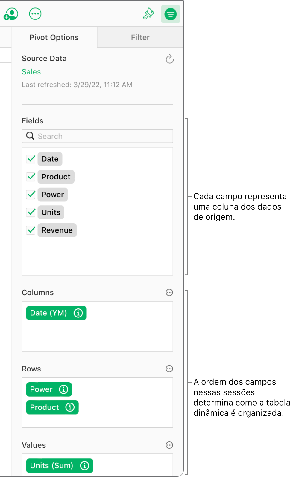 A aba Opções Dinâmicas na barra lateral Organizar, mostrando campos das seções Colunas, Linhas e Valores, bem como os botões Mais e Informações para editar os campos e atualizar a tabela dinâmica.