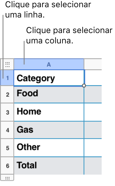 Uma linha da tabela selecionada com textos explicativos para as seleções de linhas e colunas.