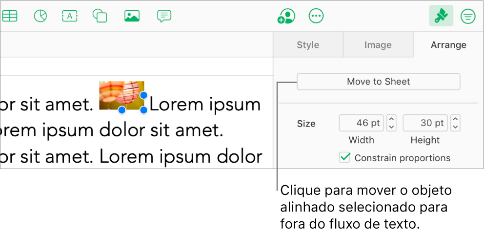 Uma imagem alinhada dentro de uma caixa de texto está selecionada e o botão “Mover para a Folha” está visível na aba Organizar na barra lateral.