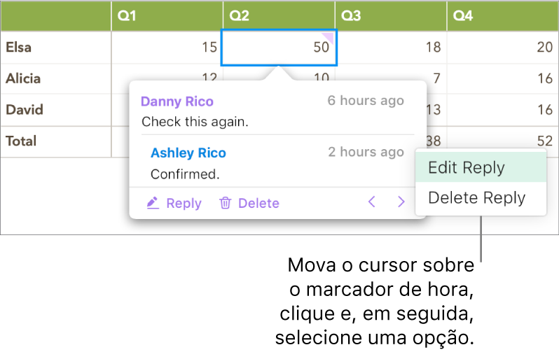 Um comentário com uma resposta e o cursor sobre o marcador de hora para a resposta; um menu pop-up apresenta duas opções: Editar Resposta e Apagar Resposta.