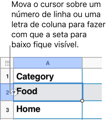Um número de linha está selecionado na tabela e é apresentada uma seta para baixo, à direita.