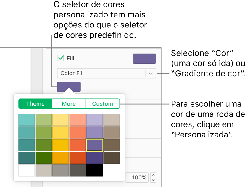 A opção "Preenchimento de cor” está selecionada no menu pop-up sob a opção assinalável Preenchimento e a paleta de cores sob o menu pop-up apresenta opções adicionais de preenchimento de cor.