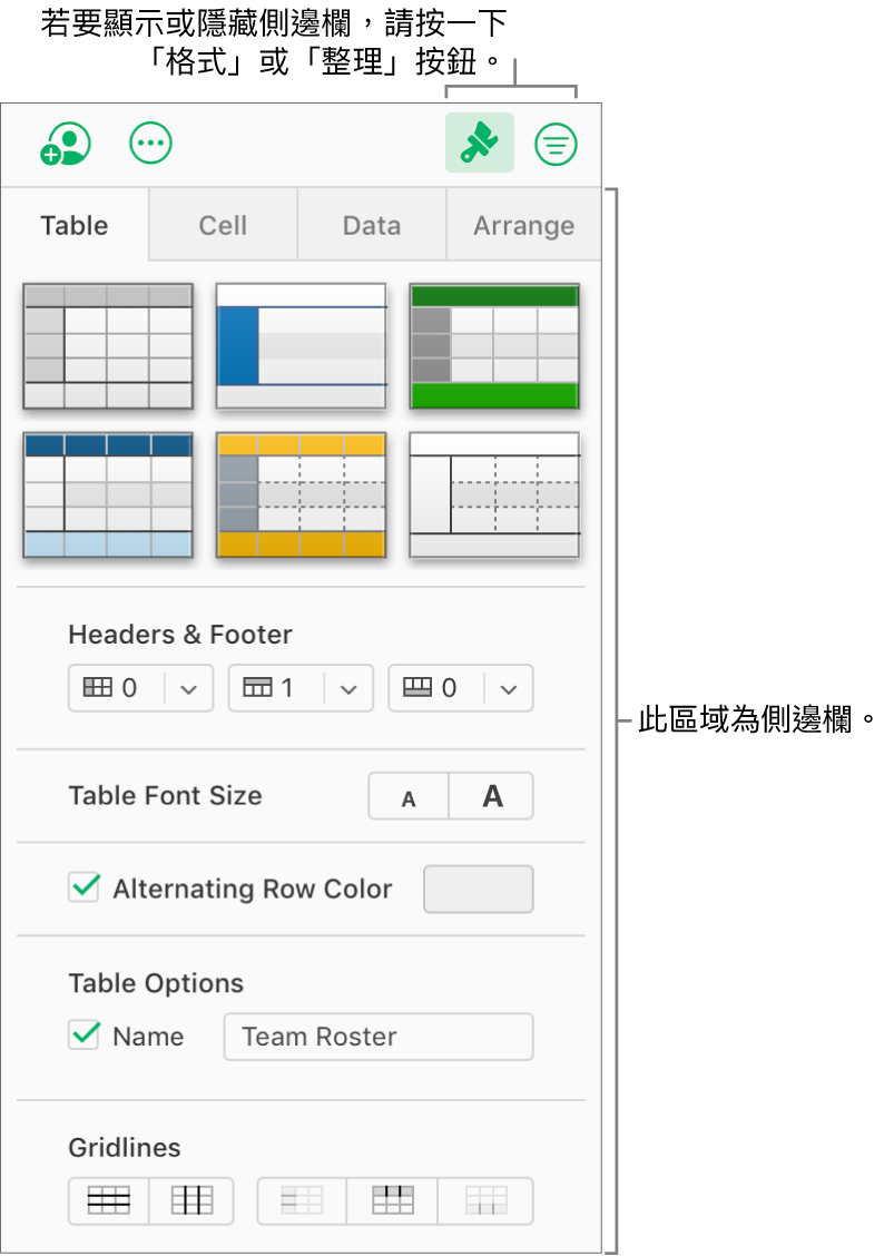 工具列中已選取「格式」按鈕，表格樣式、顏色及其他格式控制項目則出現在試算表右方的側邊欄。「整理」按鈕會出現在工具列中「格式」的右邊。