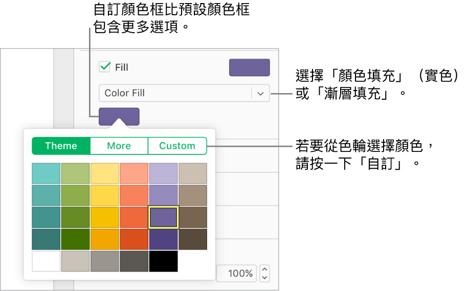已在「填充」註記框下方的彈出式選單中選取「顏色填充」，接著彈出式選單下方的顏色框會顯示其他顏色的填充選項。