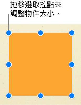 每一個角落和各邊中央都可看到選取控點的方型物件。