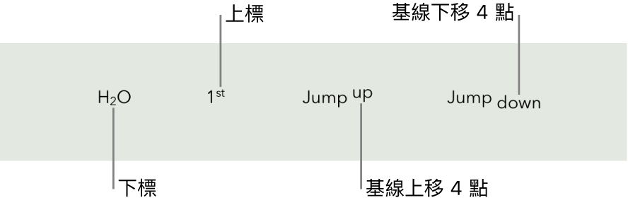 上標、下標及基線上移和下移 4 點的文字範例。
