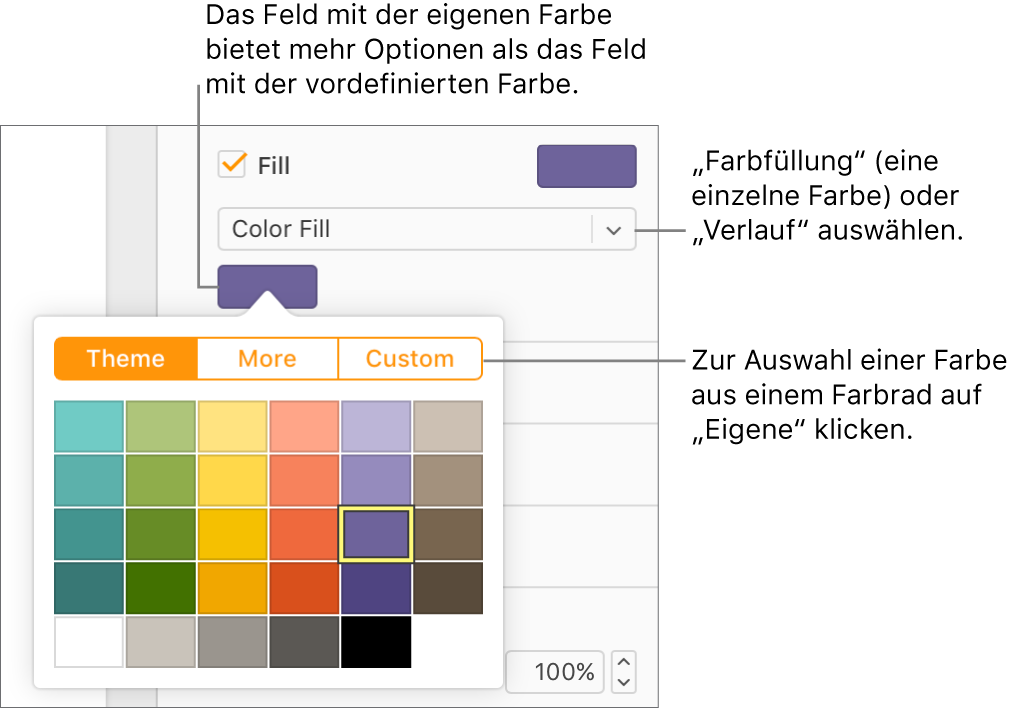 „Farbe“ ist im Einblendmenü unter dem Markierungsfeld „Füllen“ ausgewählt und das Farbfeld unter dem Einblendmenü zeigt weitere Farbfülloptionen an.