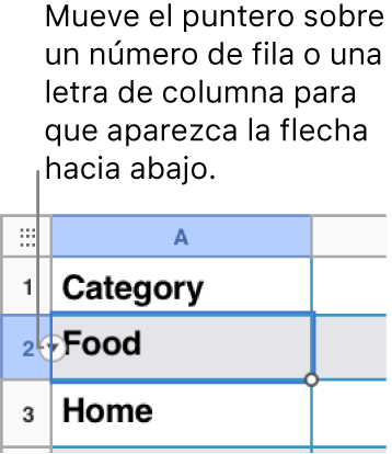 En una tabla se ha seleccionado un número de fila y la flecha abajo se ve a su derecha.