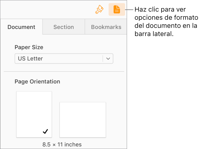 El botón Documento está seleccionado en la barra de herramientas; se muestran los controles para cambiar el tamaño y la orientación del papel en la pestaña Documento de la barra lateral.
