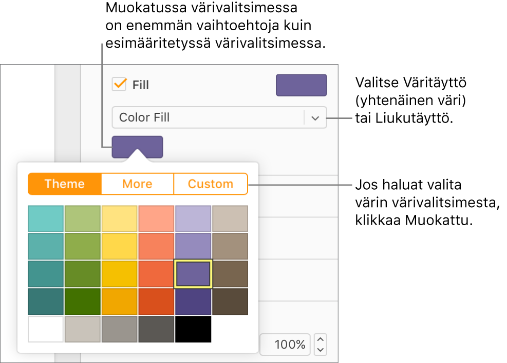 Väritäyttö on valittu Täyttö-valintaneliön alla olevassa ponnahdusvalikossa ja ponnahdusvalikon alla oleva värivalitsin näyttää lisää väritäyttövaihtoehtoja.