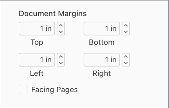 Dokumentti-sivupalkin Dokumentin marginaalit -osio, jossa näkyvät asetukset ylä- ja alamarginaalille sekä vasemmalle ja oikealle marginaalille.