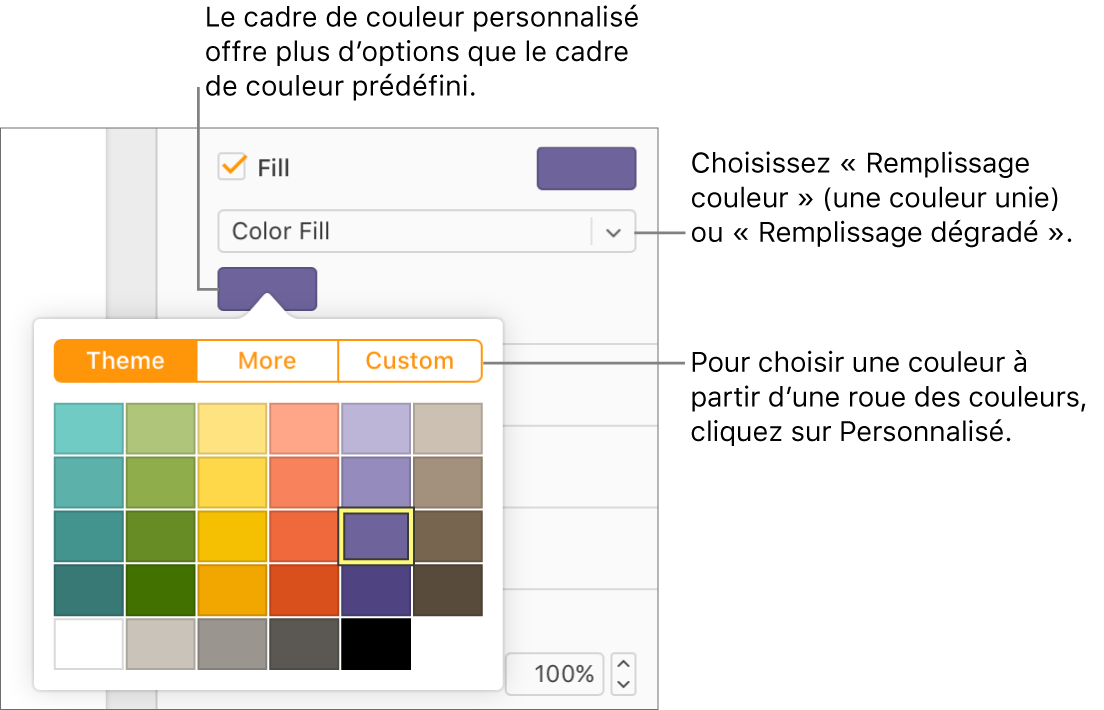Remplissage couleur est sélectionné dans le menu Remplissage et le cadre de couleur affiché en dessous propose des couleurs de remplissage supplémentaires.
