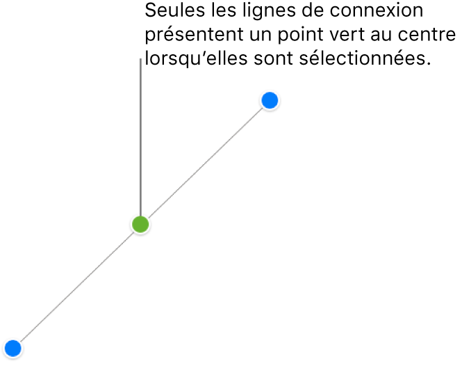 Une ligne de connexion droite est sélectionnée. Une poignée de sélection apparaît à chaque extrémité et un point vert apparaît au milieu.