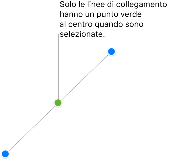 È selezionata una linea di collegamento diritta; alle estremità sono visualizzate le maniglie blu di selezione e al centro un punto verde.