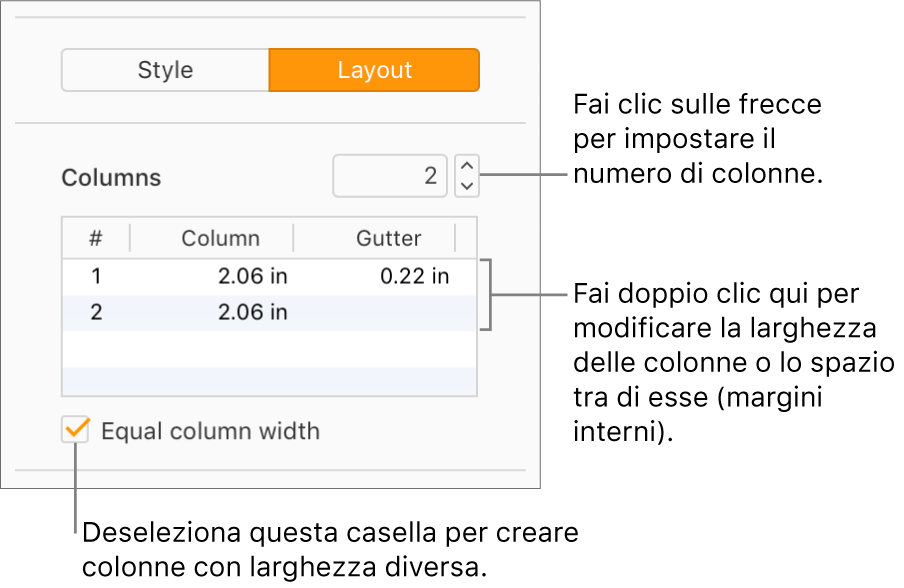 I controlli della colonna di testo nella porzione Layout della barra laterale Layout.