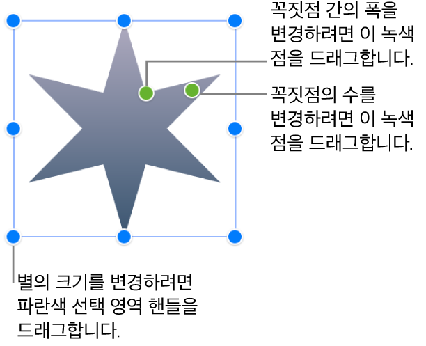 별을 선택하고 두 개의 녹색점을 드래그하여 꼭지점의 폭과 수를 변경할 수 있습니다.