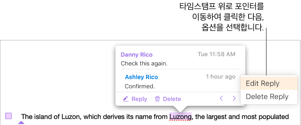 답글이 달린 주석 및 답글 편집을 위해 타임 스탬프 위에 있는 포인터: 팝업 메뉴에 두 가지 옵션이 나타납니다. 답글 편집 및 답글 삭제.