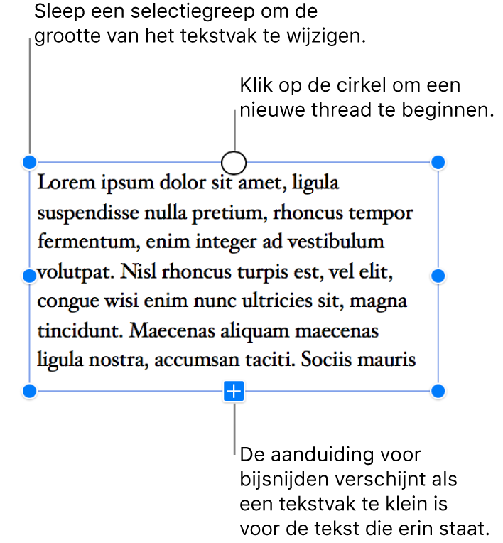 Een tekstvak met blauwe selectiegrepen, wat weergeeft dat het is geselecteerd, een aanduiding voor bijsnijden geeft aan dat er tekstoverloop is en een cirkel bovenaan waarop je kunt klikken om een nieuwe thread te beginnen.