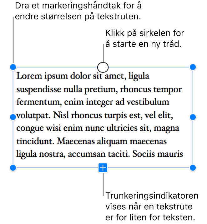 En tekstrute med blå markeringshåndtak rundt seg som viser at den er markert, en klippeindikator nederst som viser at det er overflødig tekst, og en sirkel øverst som du kan klikke på for å starte en ny tråd.