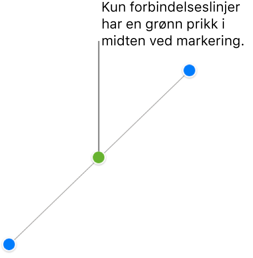En rett forbindelseslinje er valgt; blå markeringshåndtak vises i hver endre, og en grønn prikk i midten.