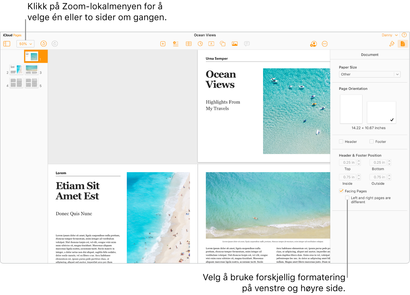 Pages for iCloud-vinduet med miniatyrbilder av sidene og dokumentsider vist som dobbeltsider. I Dokument-sidepanelet til høyre er det ikke krysset av i «Venstre og høyre side er ulike»-ruten.