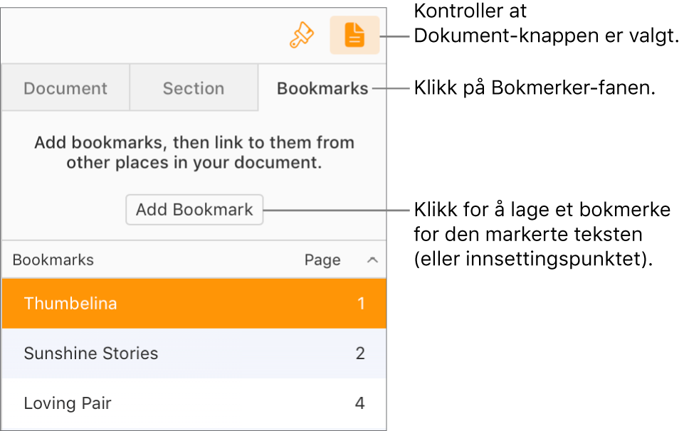 Bokmerker-fanen er valgt i Dokument-sidepanelet. Legg til bokmerke-knappen vises over en liste med bokmerker som allerede er lagt til i dokumentet.