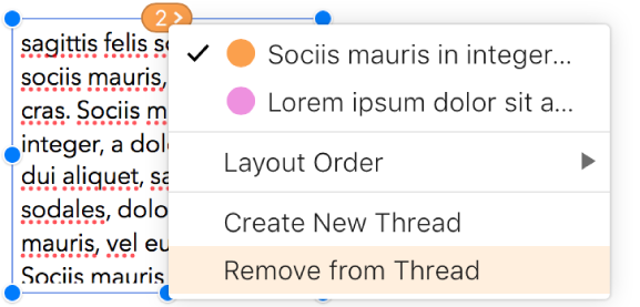 A segunda caixa de texto de um encadeamento está selecionada, e um menu pop-up ao lado do círculo na parte superior da caixa de texto está aberto. No menu pop-up, o item de menu Remover do encadeamento está selecionado.