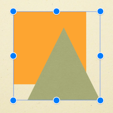 Dois objetos selecionados como um grupo. Um contorno azul define os limites do grupo. Puxadores de seleção azuis encontram-se em cada canto e no centro de cada um dos lados.