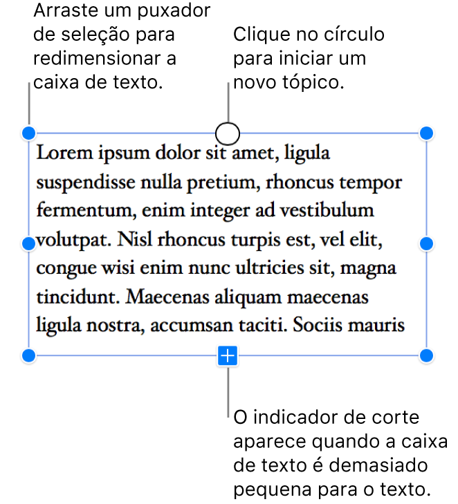 Uma caixa de texto com puxadores de seleção em torno da mesma para mostrar que está selecionada, um indicador de corte na parte inferior que indica que existe texto em excesso e um círculo na parte superior em que pode clicar para iniciar um novo tópico.