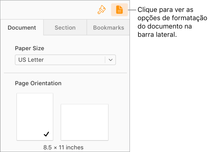 O botão Documento está selecionado na barra de ferramentas e os controlos para alterar o tamanho e a orientação da página são apresentados no separador Documento da barra lateral.