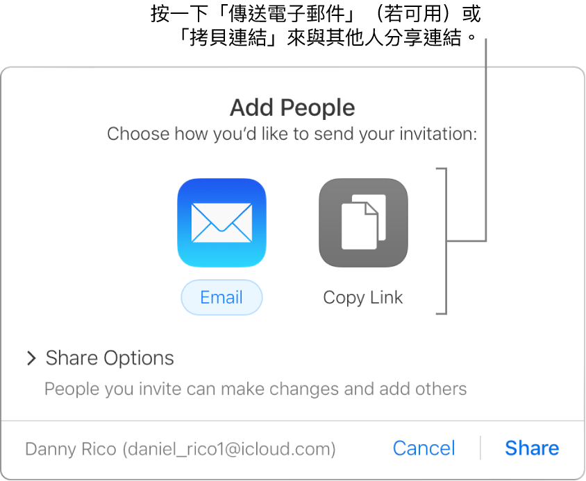 按一下工具列中的「合作」按鈕時出現的視窗（在共享文件之前）。「電子郵件」和「拷貝連結」按鈕可讓你選擇共享文件的方式。