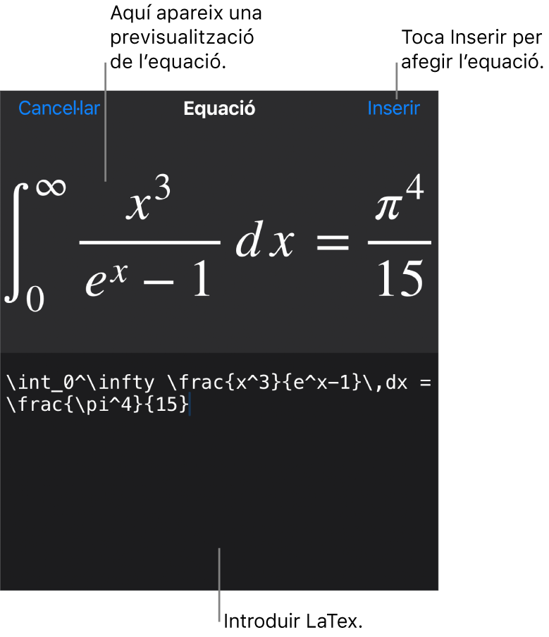 El quadre de diàleg Equació amb una equació escrita amb ordres LaTeX i una previsualització de la fórmula al damunt.