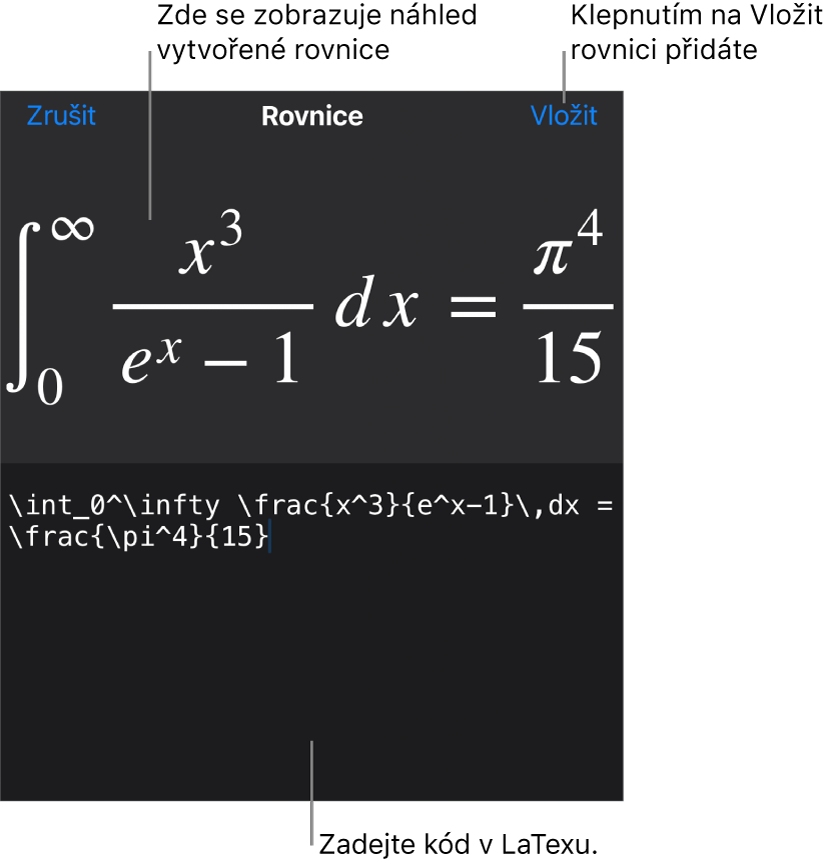 Dialogové okno Rovnice, v němž se zobrazuje zápis rovnice pomocí příkazů LaTeXu a nad ním náhled výsledného vzorce