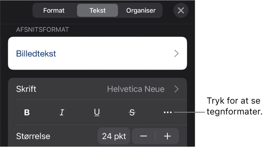 Betjeningsmulighederne til Format med afsnitsformater øverst og derefter betjeningsmulighederne til Skrift. Under Skrift findes knapperne Fed, Kursiv, Understreget, Gennemstreget og Flere tekstindstillinger.