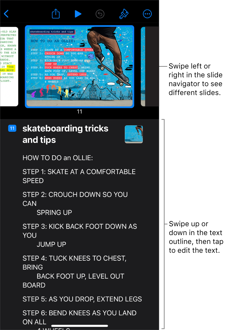 Outline view with the horizontal slide navigator at the top of the screen and the text outline at the bottom.