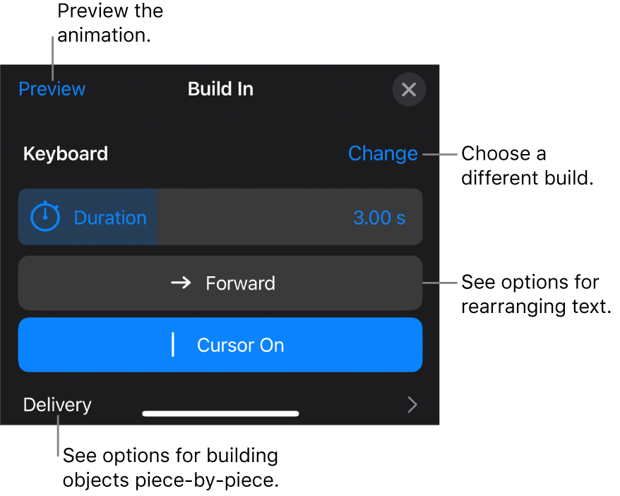 Build options include Duration, Text Animation and Delivery. Tap Change to choose a different build or tap Preview to preview the build.