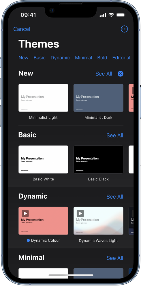 The theme chooser, showing a row of categories across the top that you can tap to filter the options. Below are thumbnails of pre-designed themes arranged in rows by category.