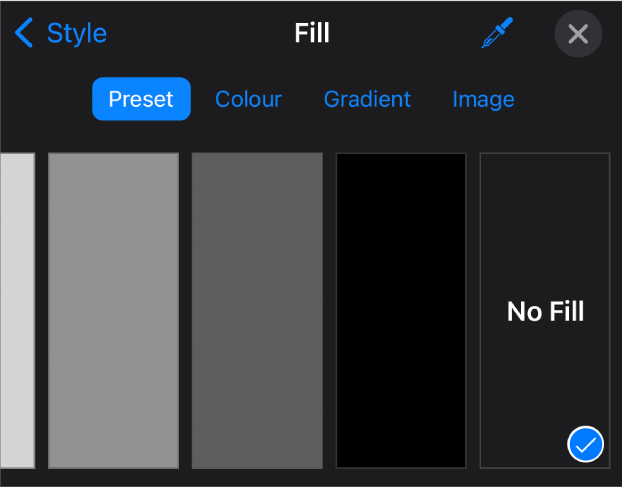 The Fill controls with No Fill selected.