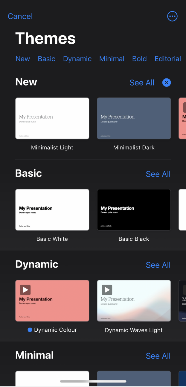 The theme chooser, showing a row of categories across the top that you can tap to filter the options. Below are thumbnails of pre-designed themes arranged in rows by category.
