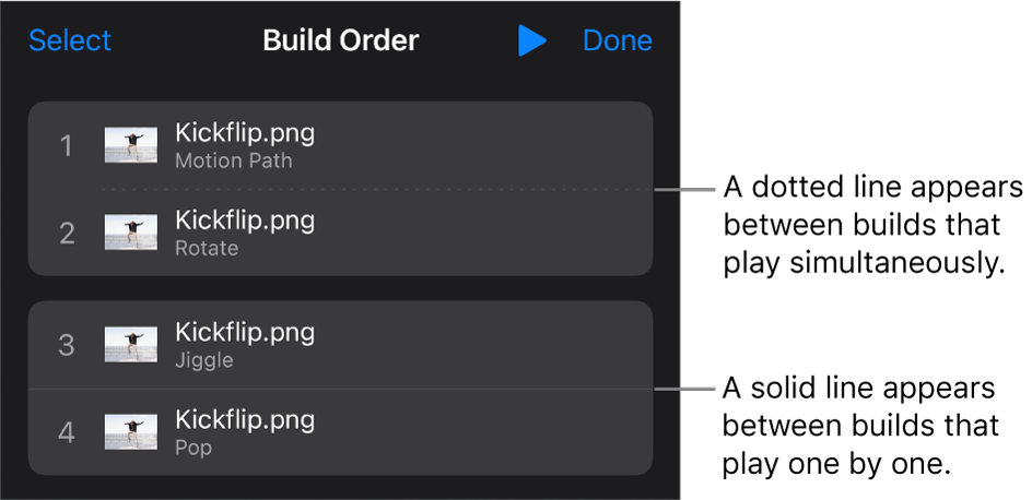 The Build Order menu, with a dotted line appearing between builds that play simultaneously and a solid line between builds that play one by one.