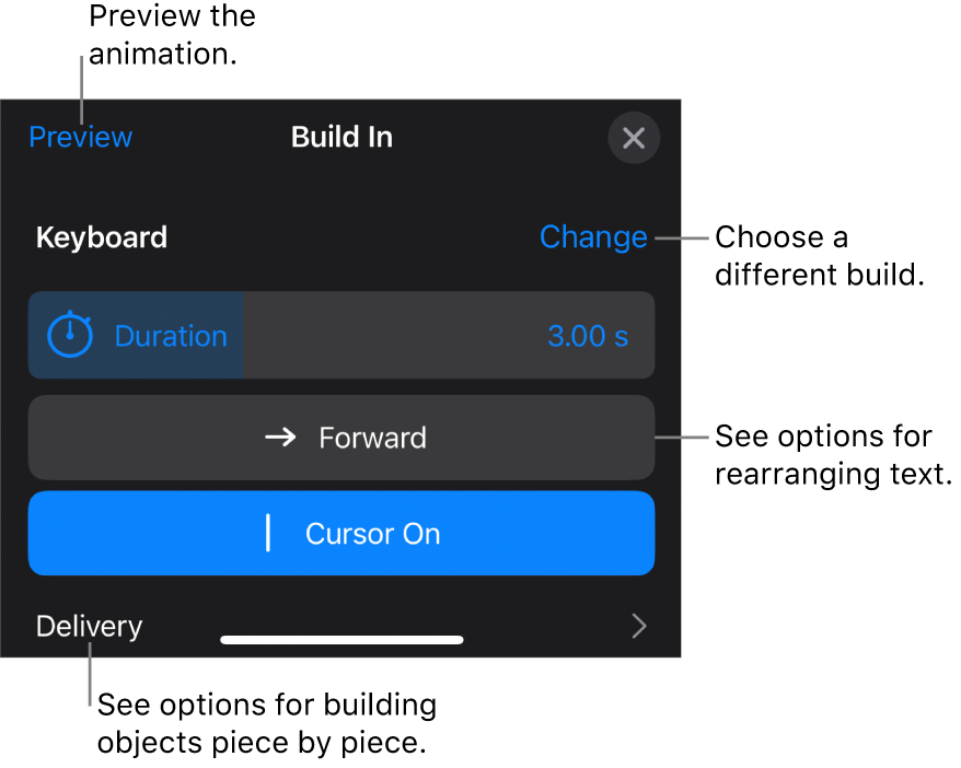 Build options include Duration, Text Animation, and Delivery. Tap Change to choose a different build, or tap Preview to preview the build.