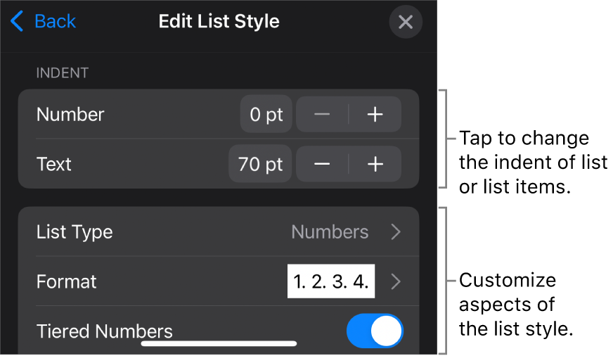 Edit List Style menu with controls for editing the list’s type and appearance.