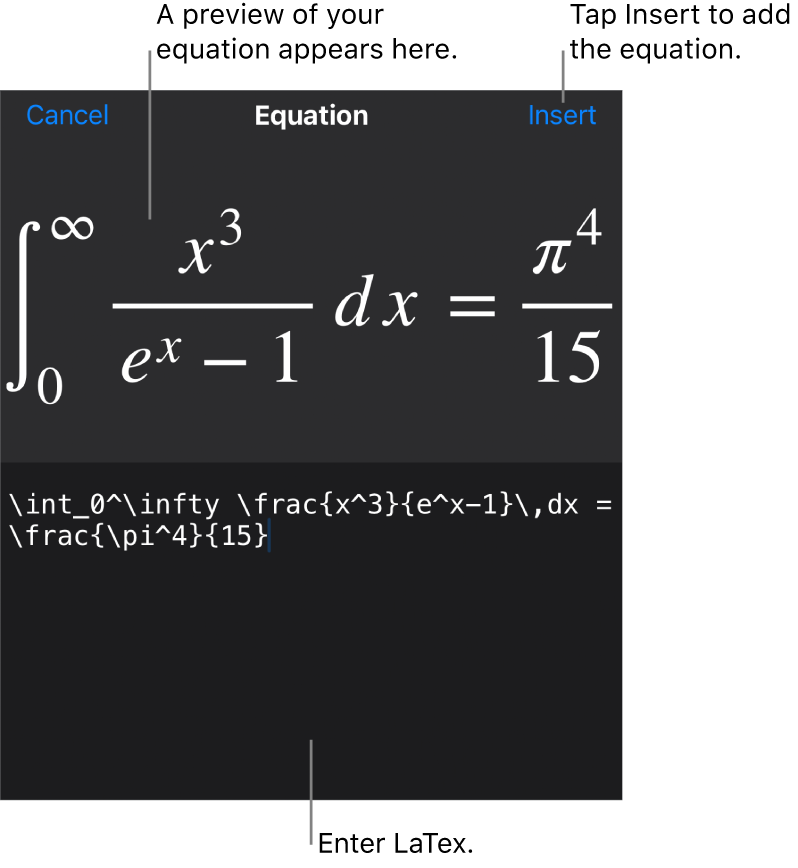 The Equation dialogue, showing an equation written using LaTex commands, and a preview of the formula above.