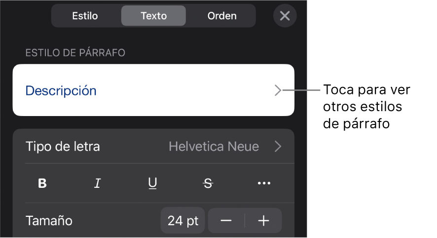 El menú Formato mostrando los controles de texto para configurar los estilos de párrafo y carácter, tipo de letra, tamaño y color.