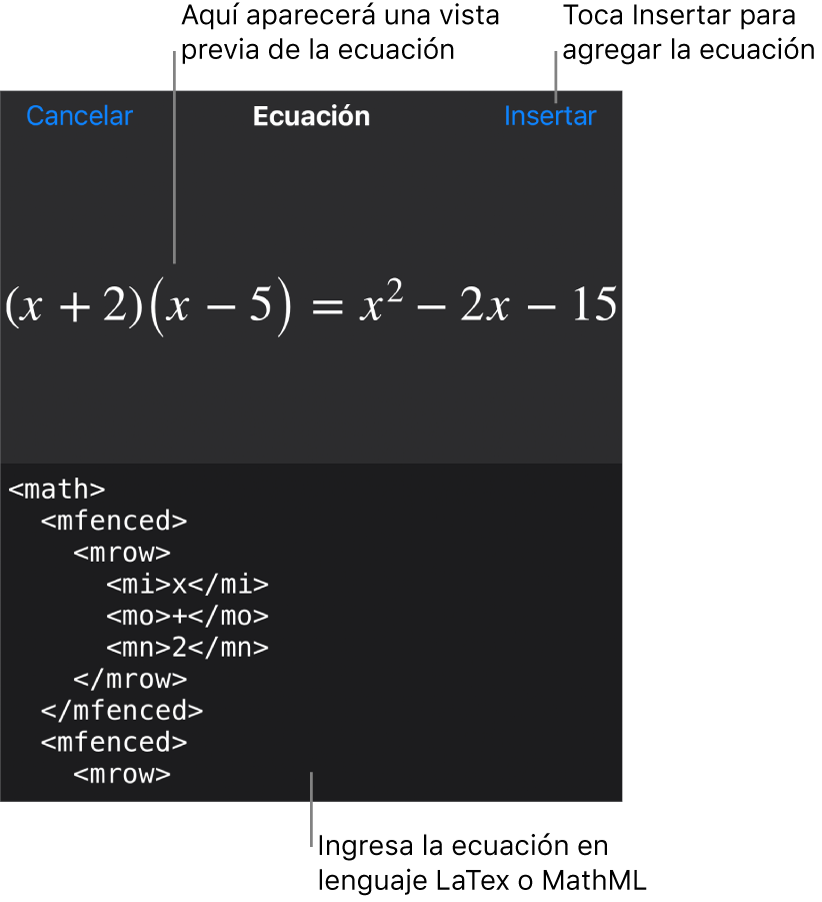 El cuadro de diálogo Ecuación con una ecuación escrita con comandos de MathML y una previsualización de la fórmula encima.