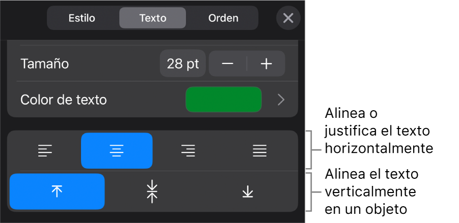 Sección Alineación del botón Formato con mensajes en los botones de alineación de texto.