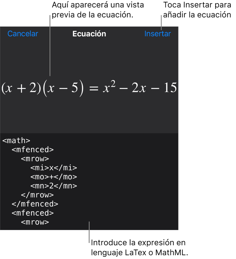 El diálogo Ecuación con una ecuación escrita con comandos de MathML y una previsualización de la fórmula encima.