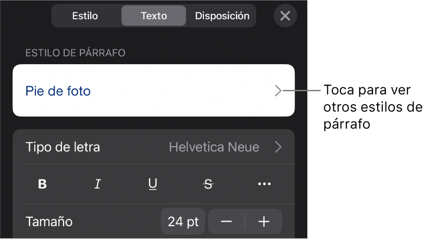 El menú Formato, que muestra controles de texto para configurar los estilos de párrafo y carácter, tipo de letra, tamaño y color.