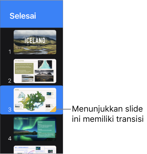 Segitiga kuning pada slide mengindikasikan bahwa slide memiliki transisi.