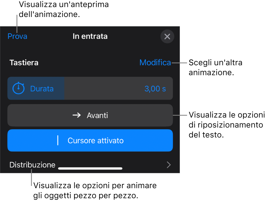 Le opzioni di animazione includono Durata, “Animazione testo” e Distribuzione. Tocca Modifica per scegliere un’animazione differente oppure tocca Anteprima per visualizzare l’anteprima dell’animazione.